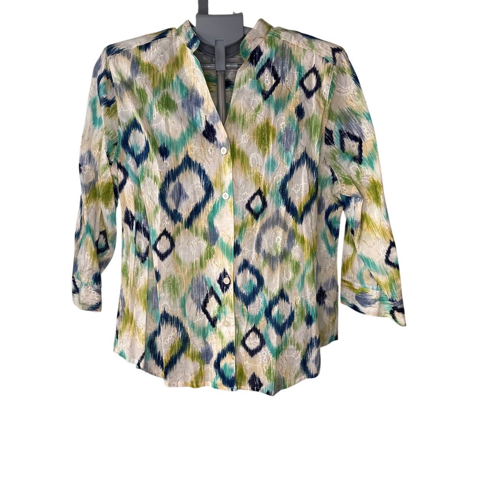 Alfred Dunner Vintage Abstract Geometric Button Down Shirt 3/4 Sleeve Size 16